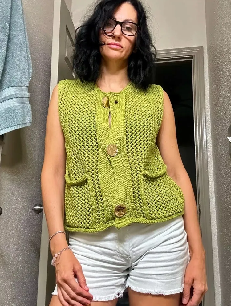 Green Round Neck Women Knitted Vest