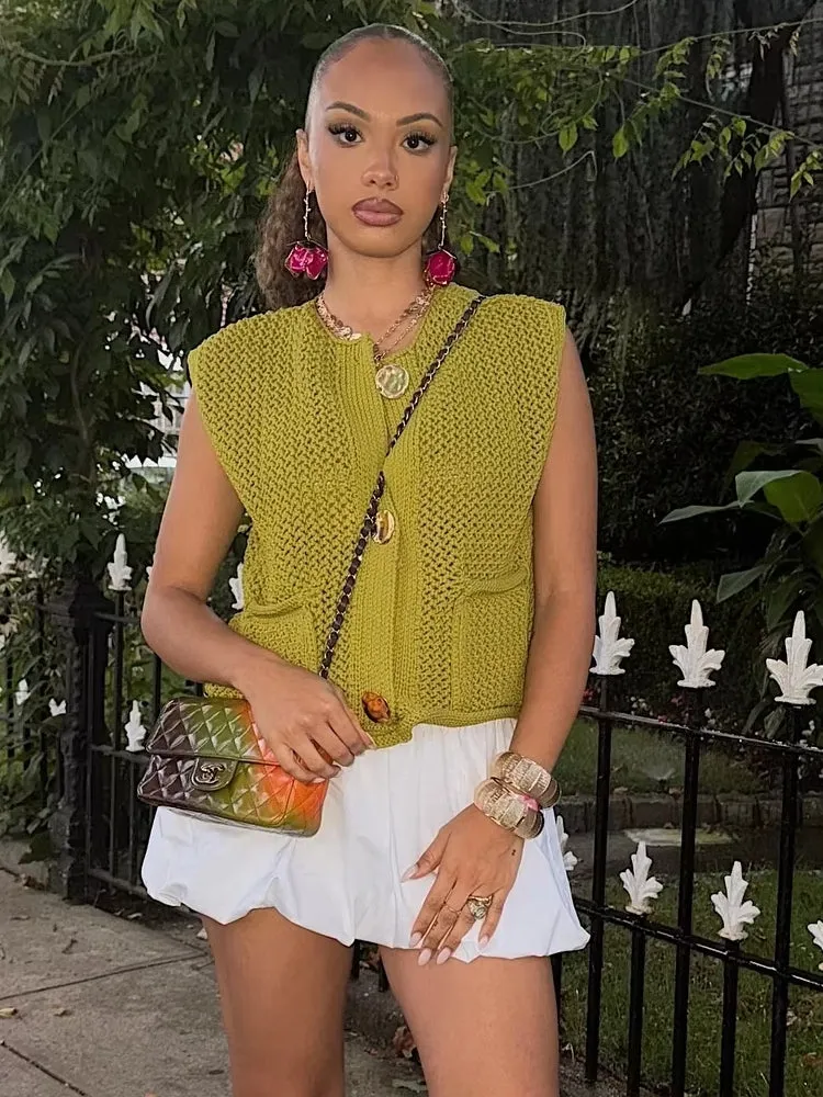 Green Round Neck Women Knitted Vest