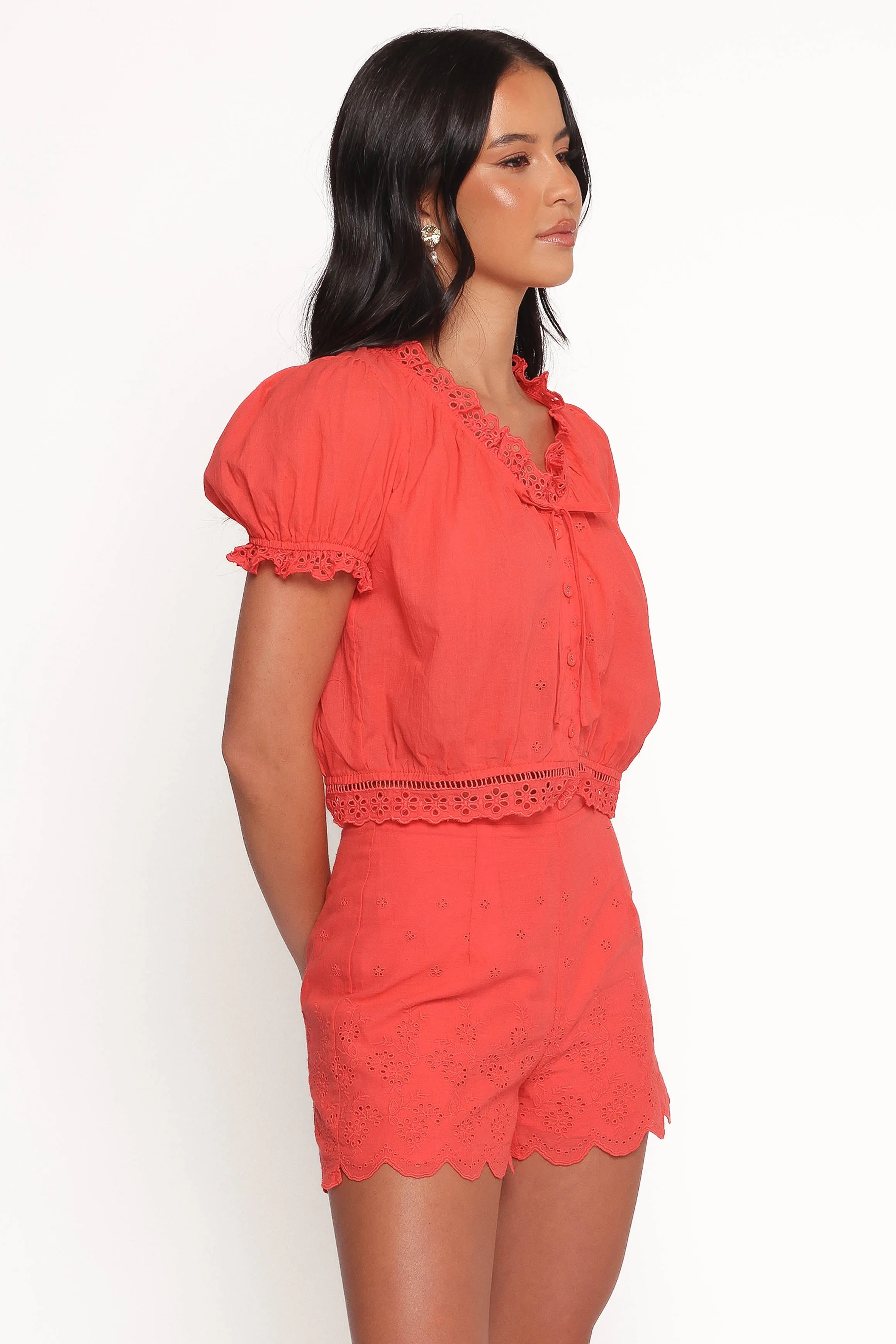 Isolde Lace Trim Top - Coral
