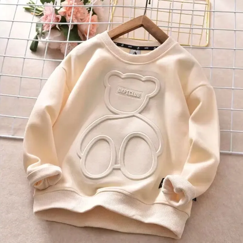 Kids Cotton Tops Embossed Bear Sweatshirt Pullover