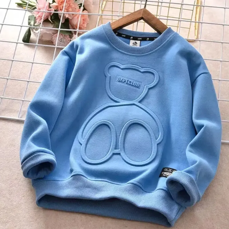 Kids Cotton Tops Embossed Bear Sweatshirt Pullover