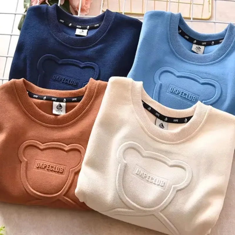 Kids Cotton Tops Embossed Bear Sweatshirt Pullover