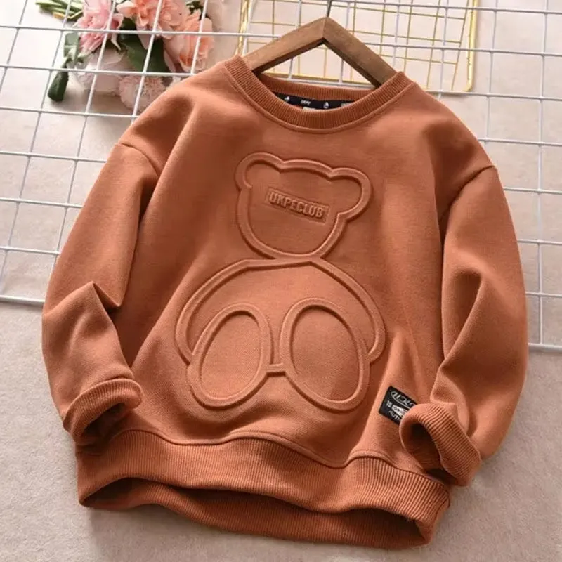 Kids Cotton Tops Embossed Bear Sweatshirt Pullover