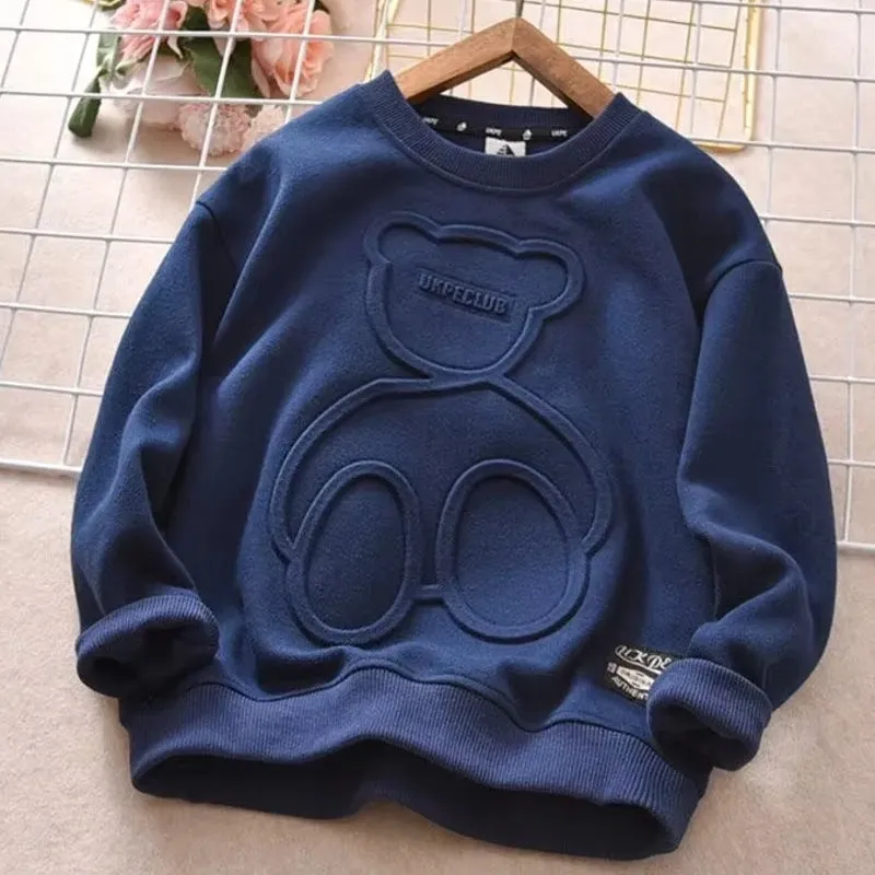 Kids Cotton Tops Embossed Bear Sweatshirt Pullover