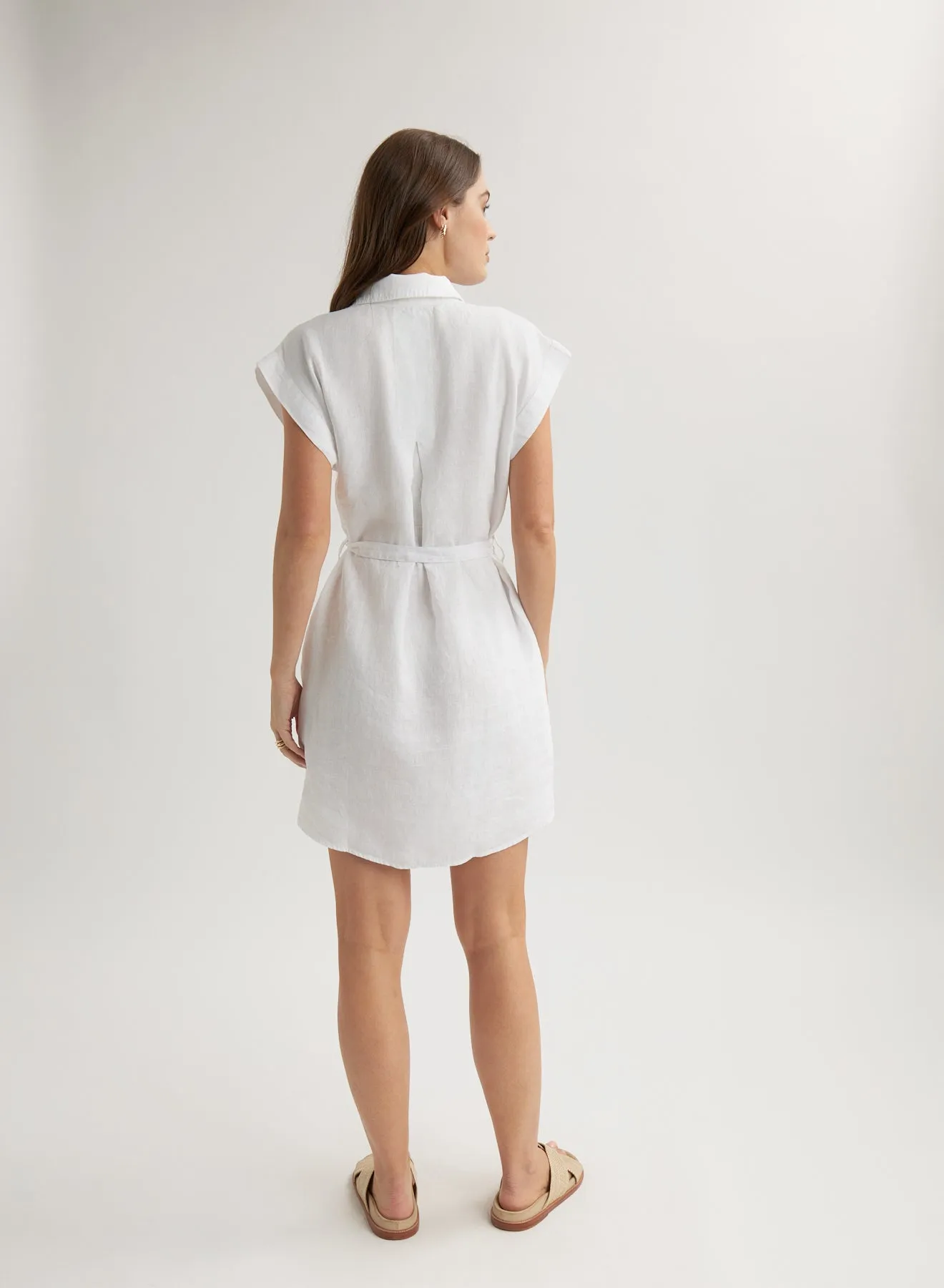 Linen Belted Tunic Shirt Dress - White