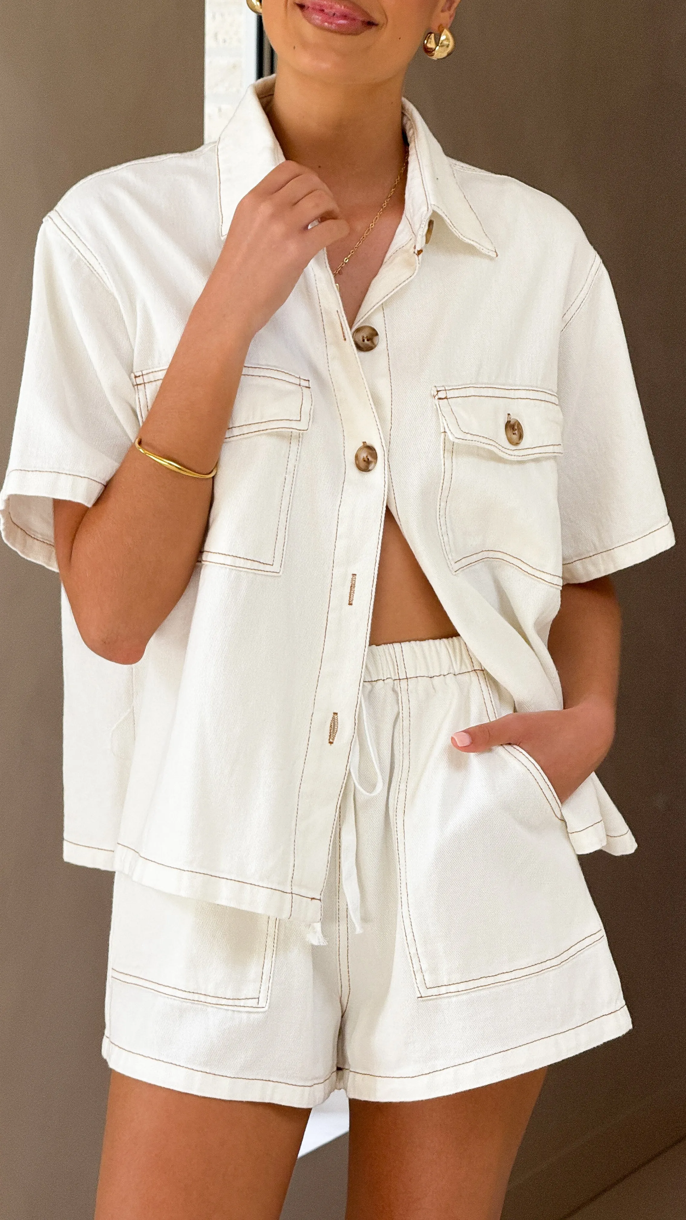 Loretta Button Up and Shorts Set - White Denim