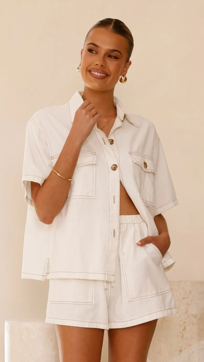 Loretta Button Up and Shorts Set - White Denim