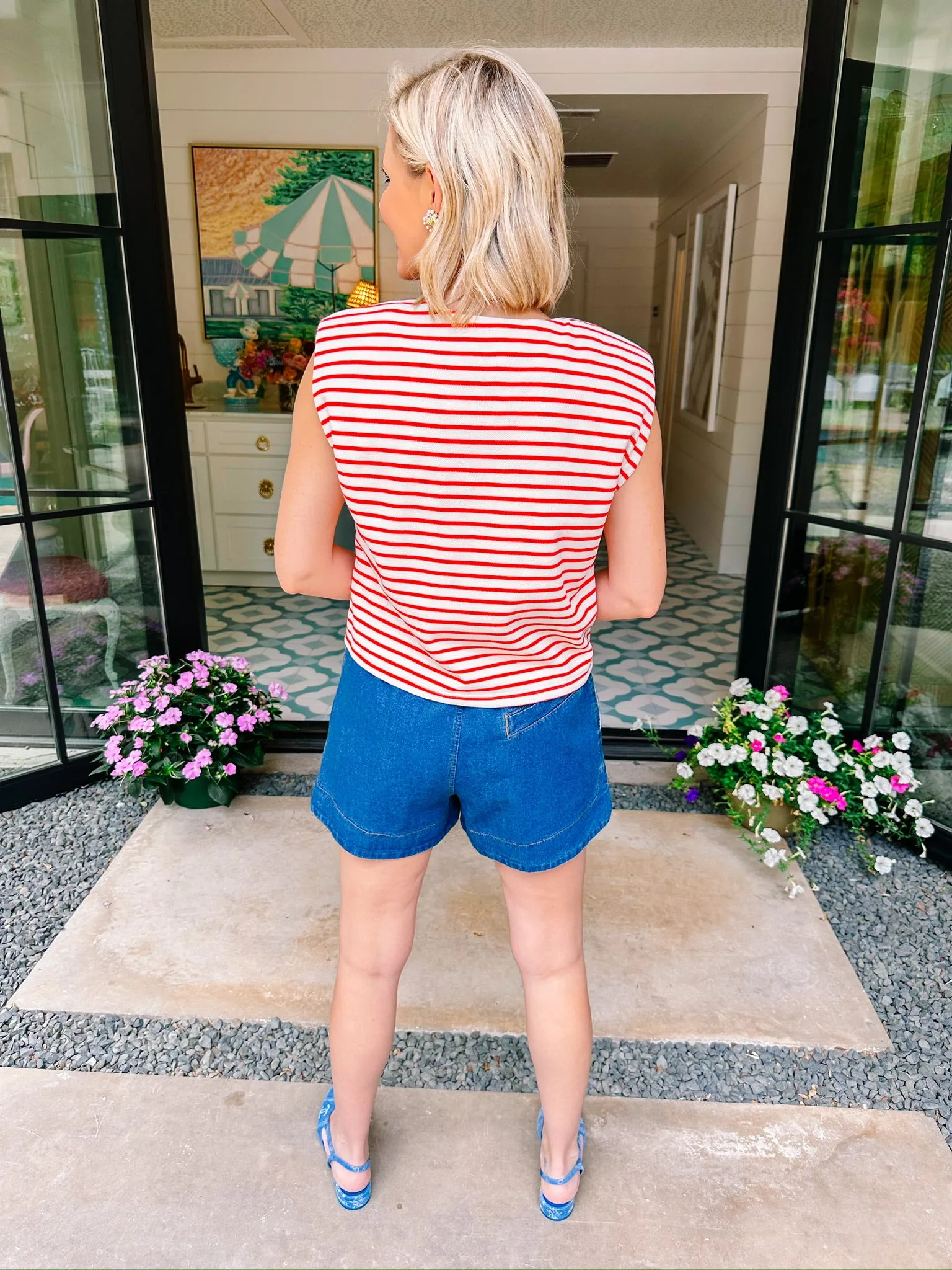 MARITIME STRIPE BUTTON UP VEST TOP - RED