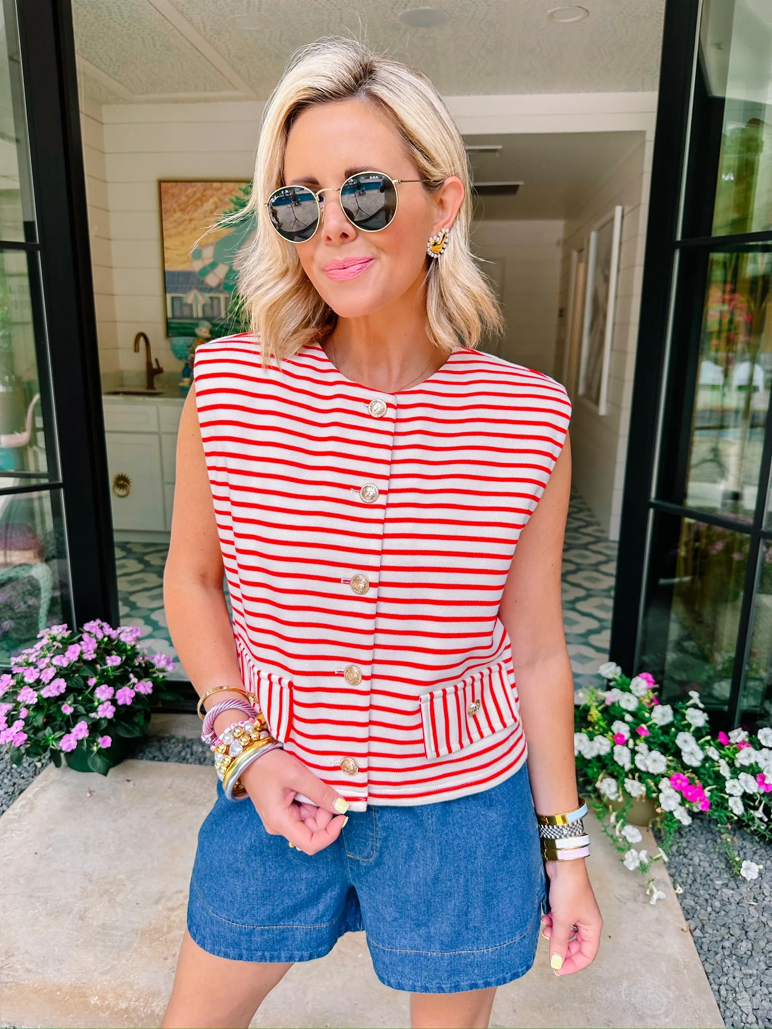 MARITIME STRIPE BUTTON UP VEST TOP - RED