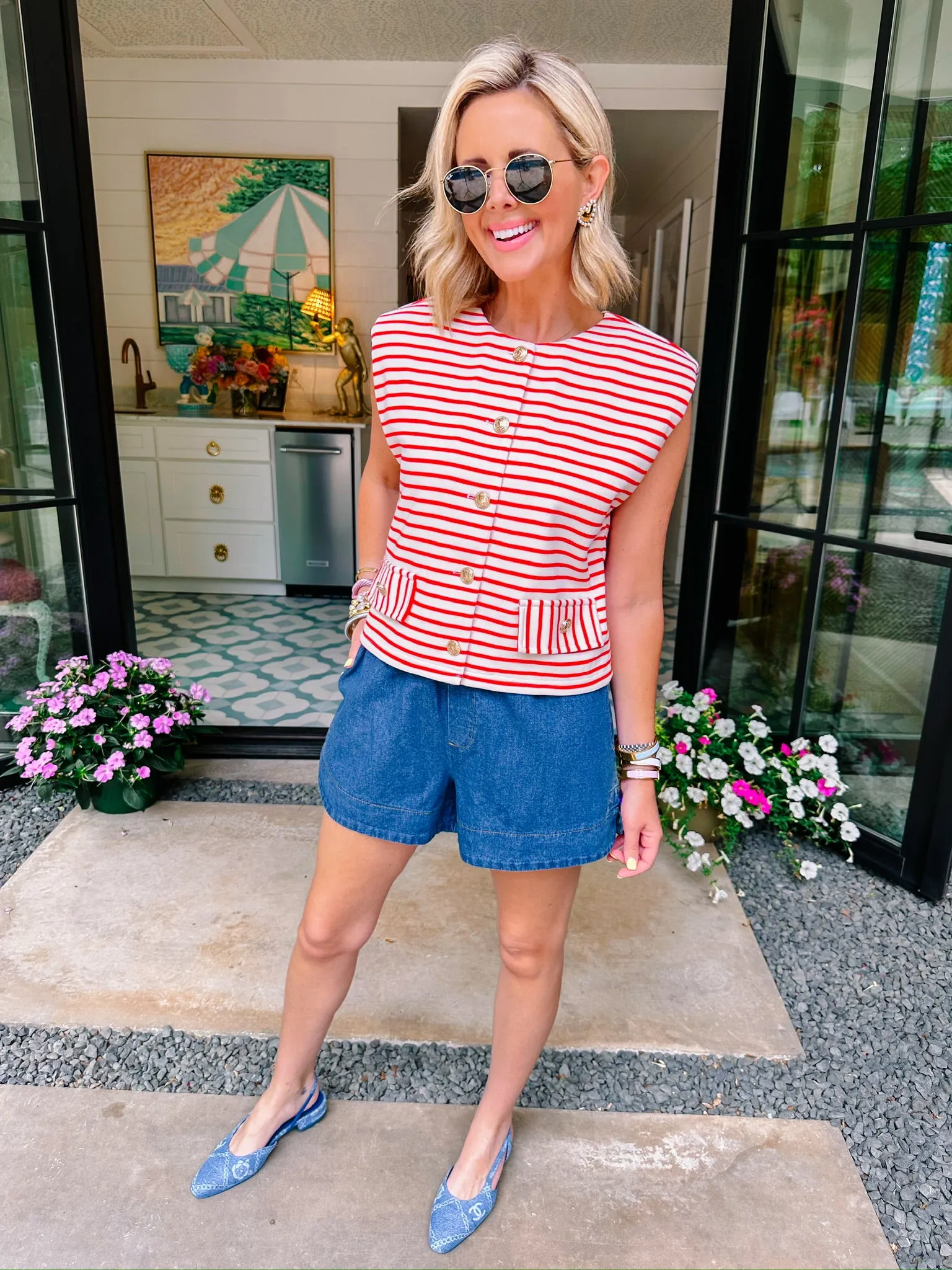 MARITIME STRIPE BUTTON UP VEST TOP - RED