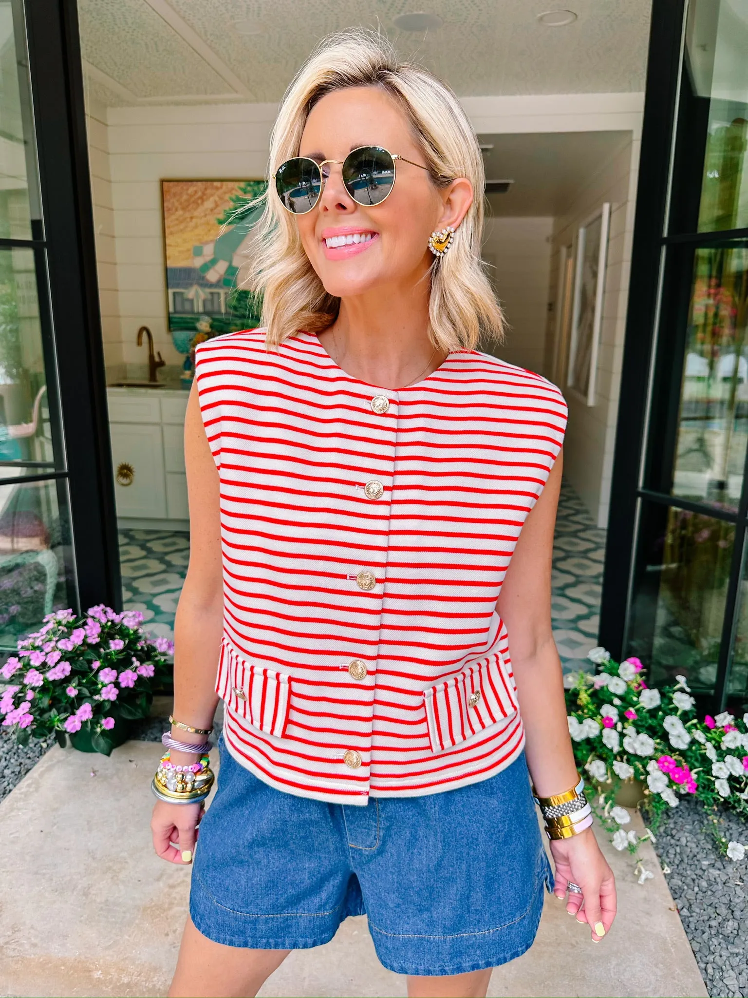 MARITIME STRIPE BUTTON UP VEST TOP - RED