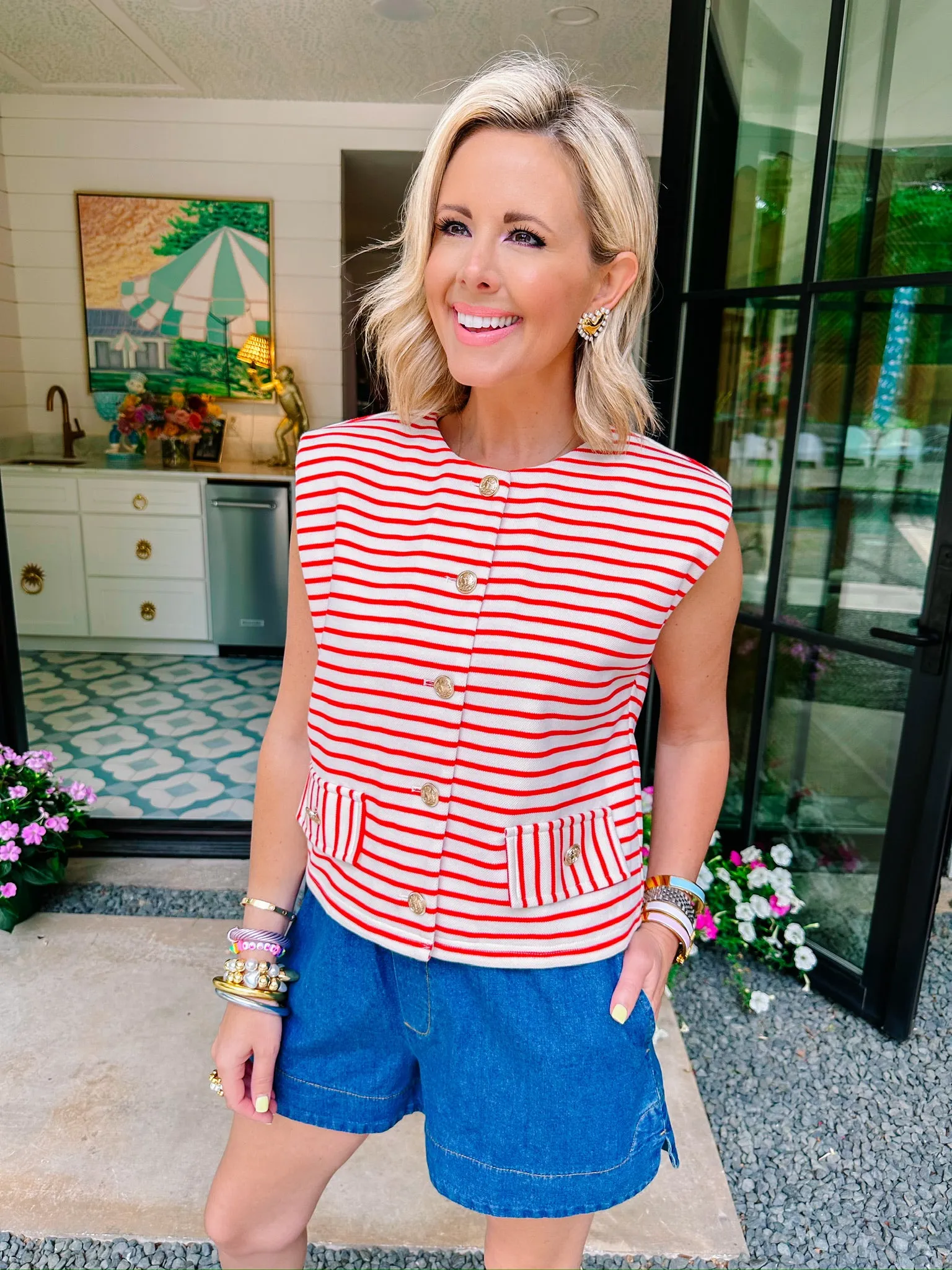 MARITIME STRIPE BUTTON UP VEST TOP - RED