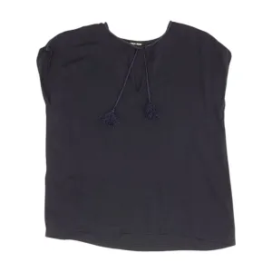 Navy Silk Georgette Blouse with Fringe Tie Neck Detail