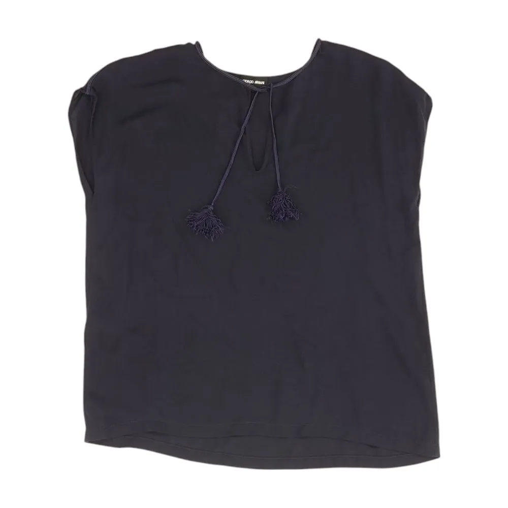 Navy Silk Georgette Blouse with Fringe Tie Neck Detail