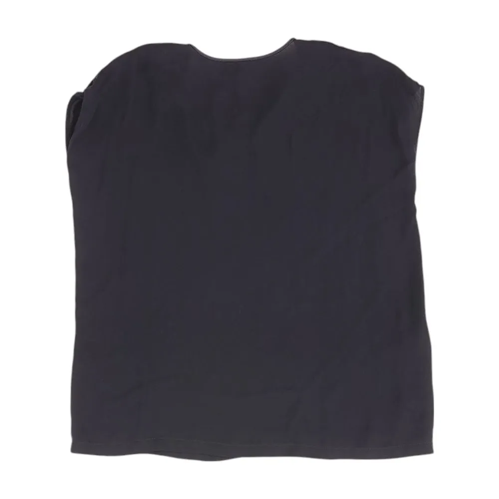 Navy Silk Georgette Blouse with Fringe Tie Neck Detail