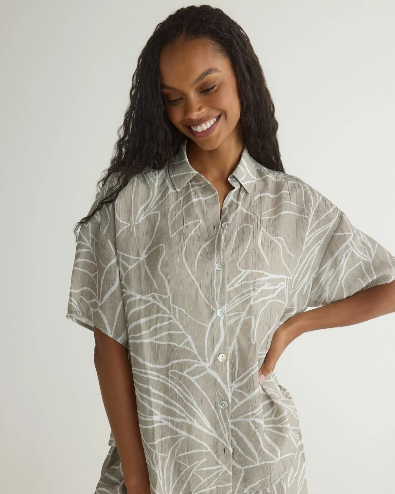 Oversized Short Sleeve Shirt - Tropical Print
