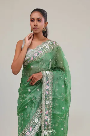 Sea Green Crafted Jaali Tissue Saree
