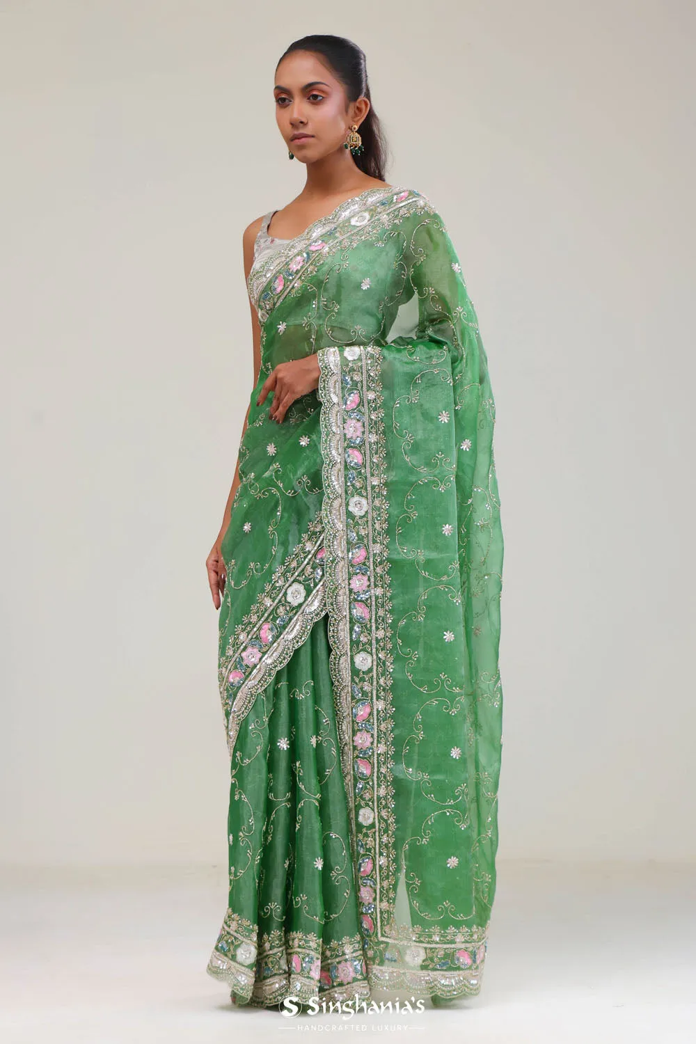 Sea Green Crafted Jaali Tissue Saree