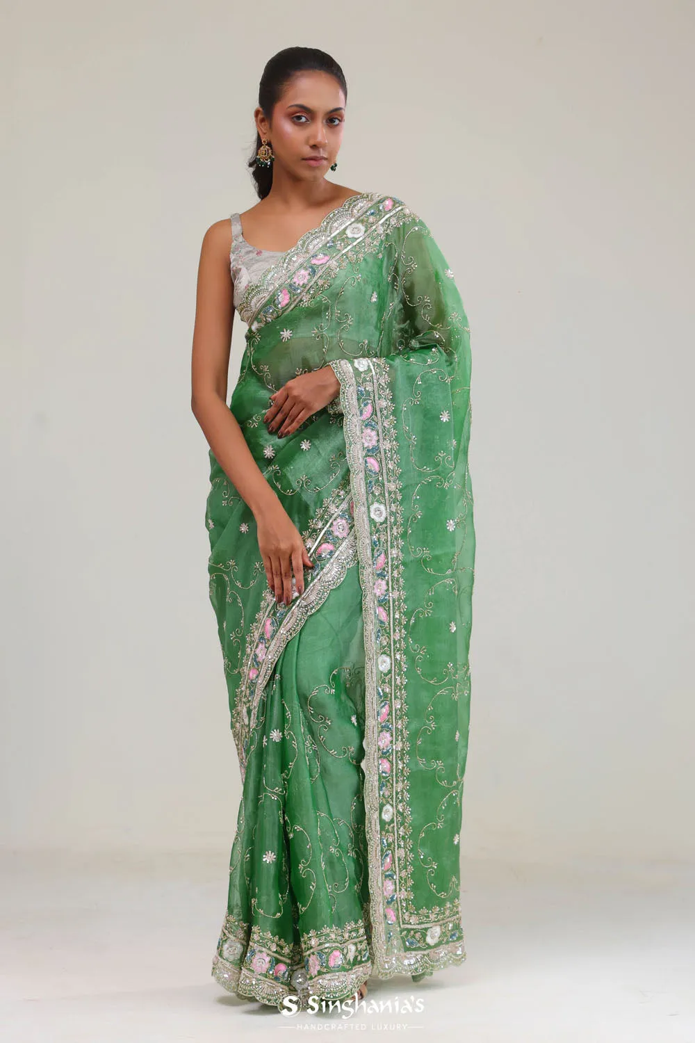 Sea Green Crafted Jaali Tissue Saree