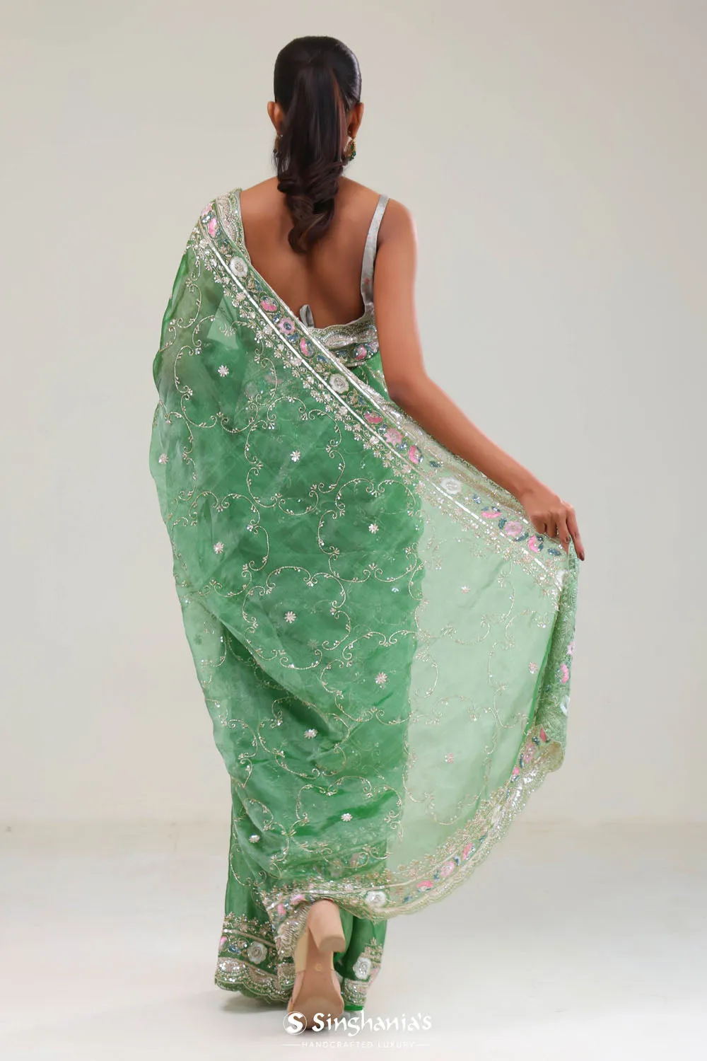 Sea Green Crafted Jaali Tissue Saree