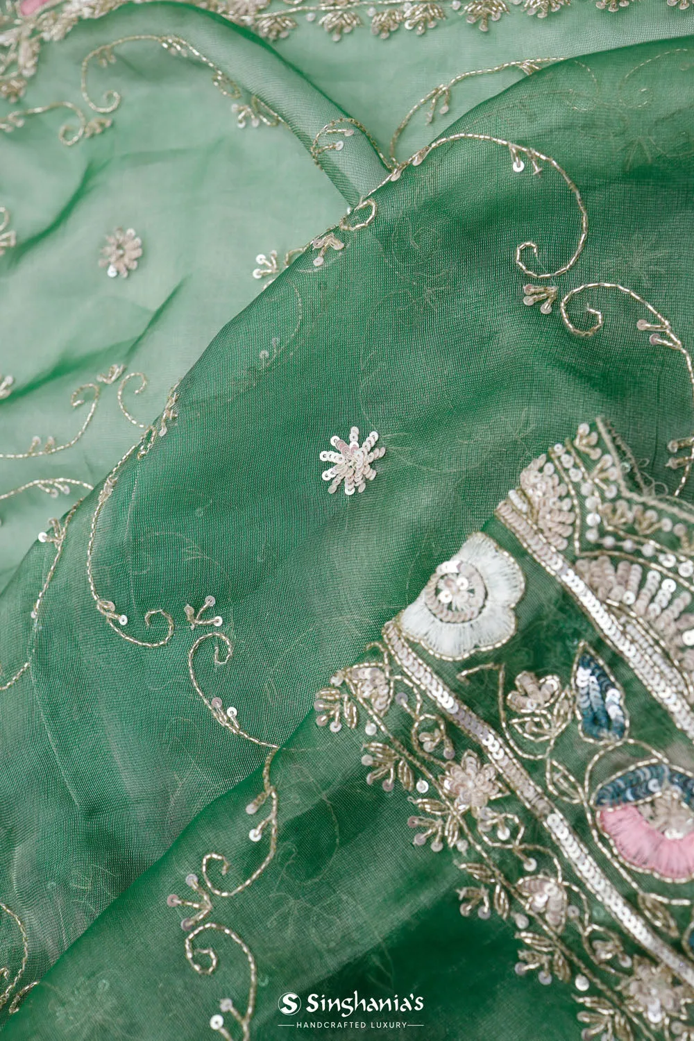 Sea Green Crafted Jaali Tissue Saree