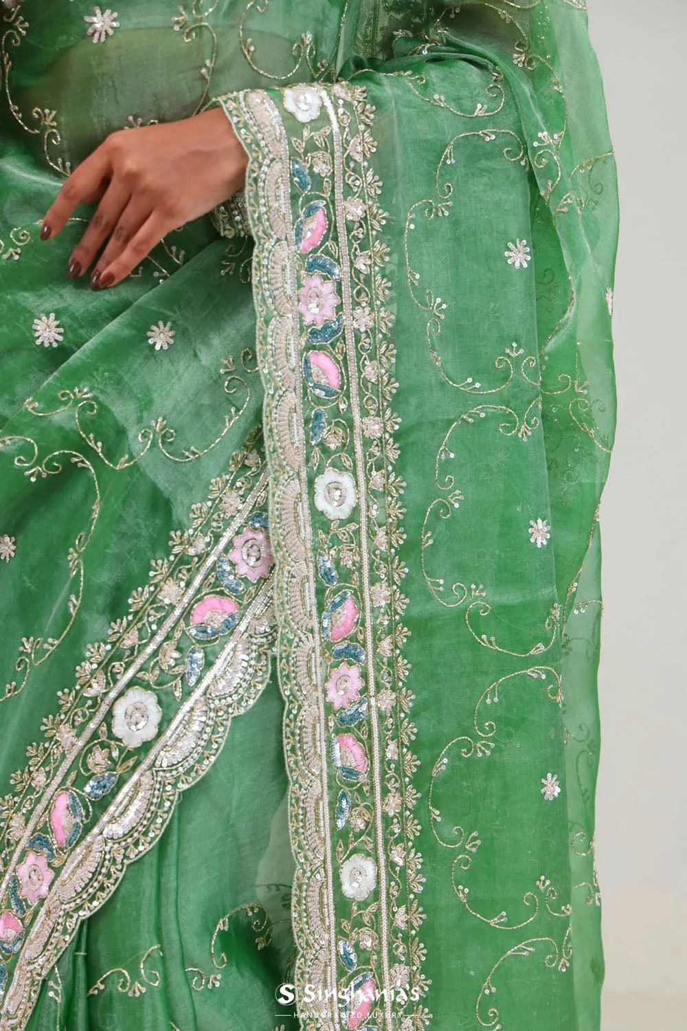 Sea Green Crafted Jaali Tissue Saree