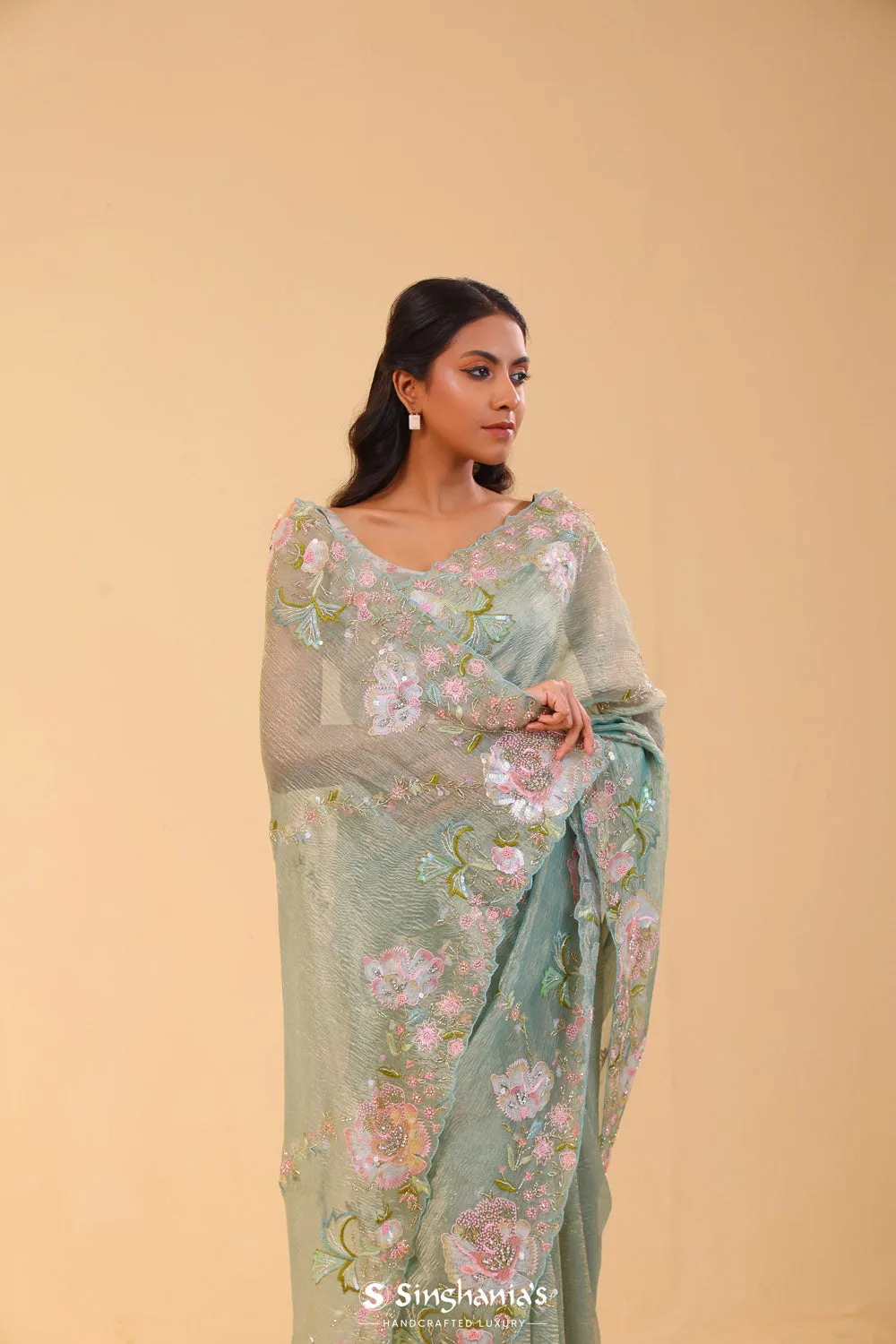 Tiffany Blue Crushed Tissue Handcrafted Saree