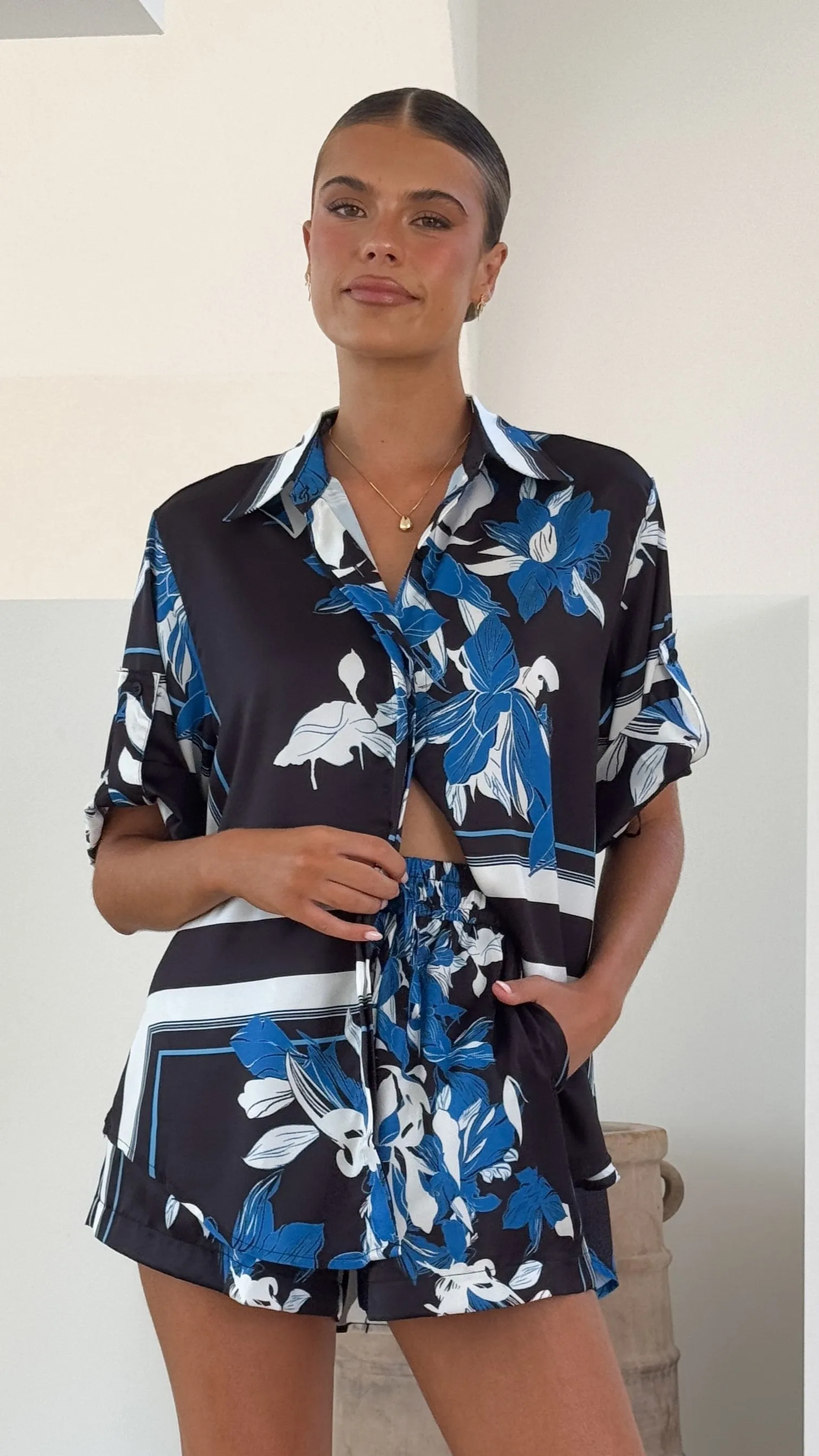 Vallerie Button Up Shirt - Black/Blue Print