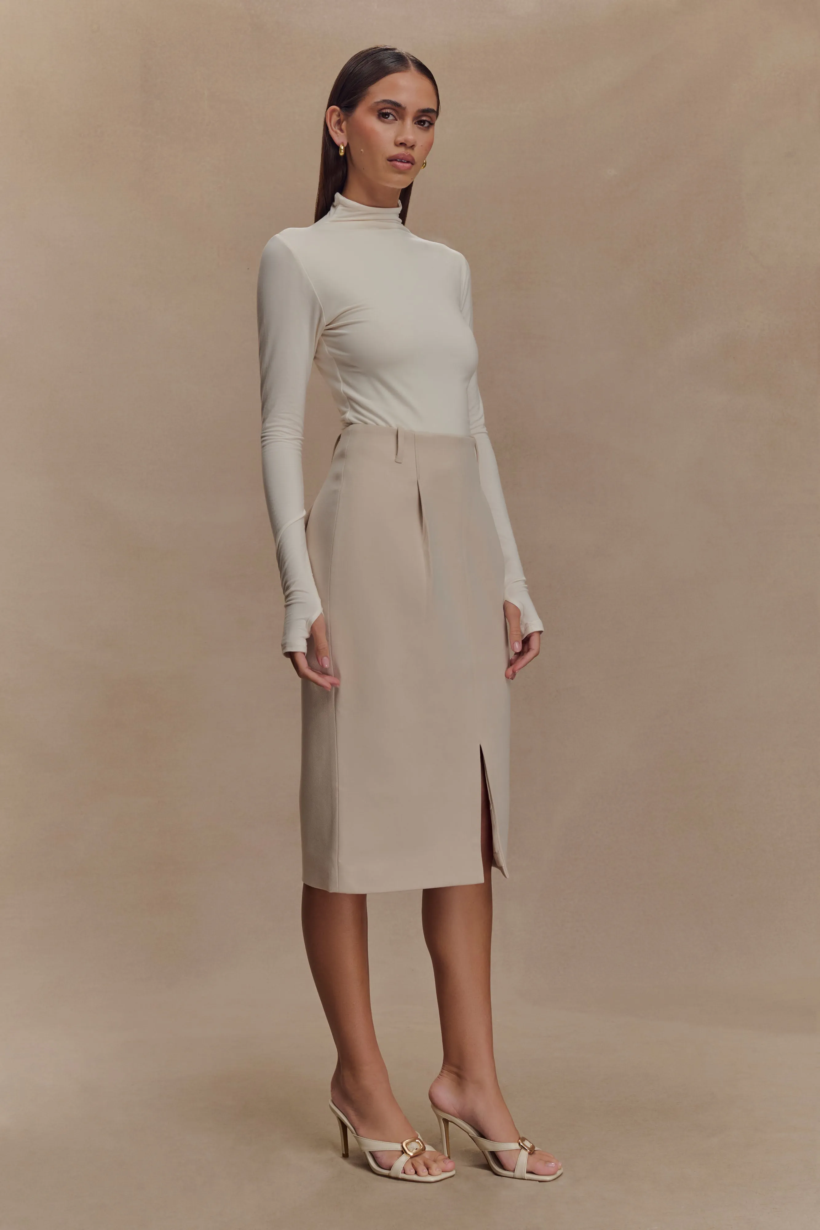 Vera Suiting Split Front Midi Skirt - Ivory Stone