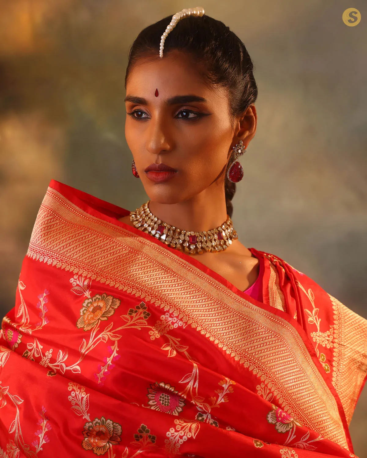 Vermillion Red Garden Banarasi Silk Saree