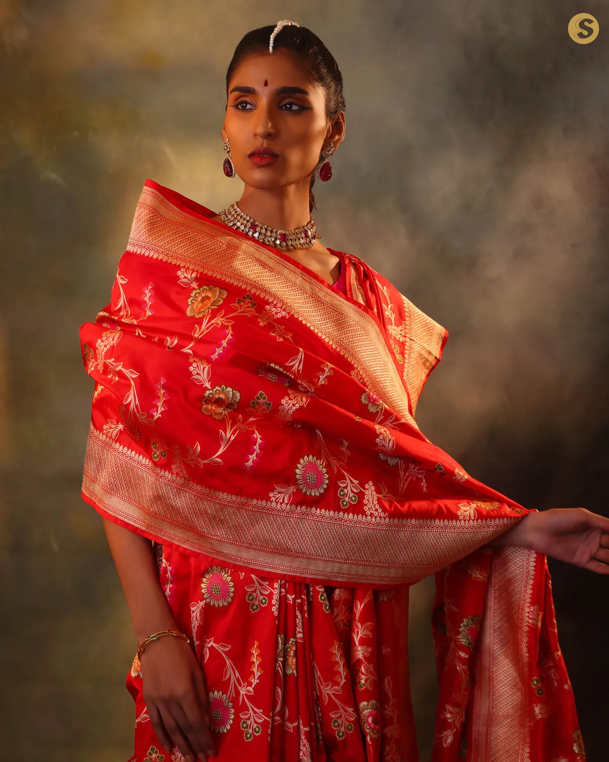 Vermillion Red Garden Banarasi Silk Saree