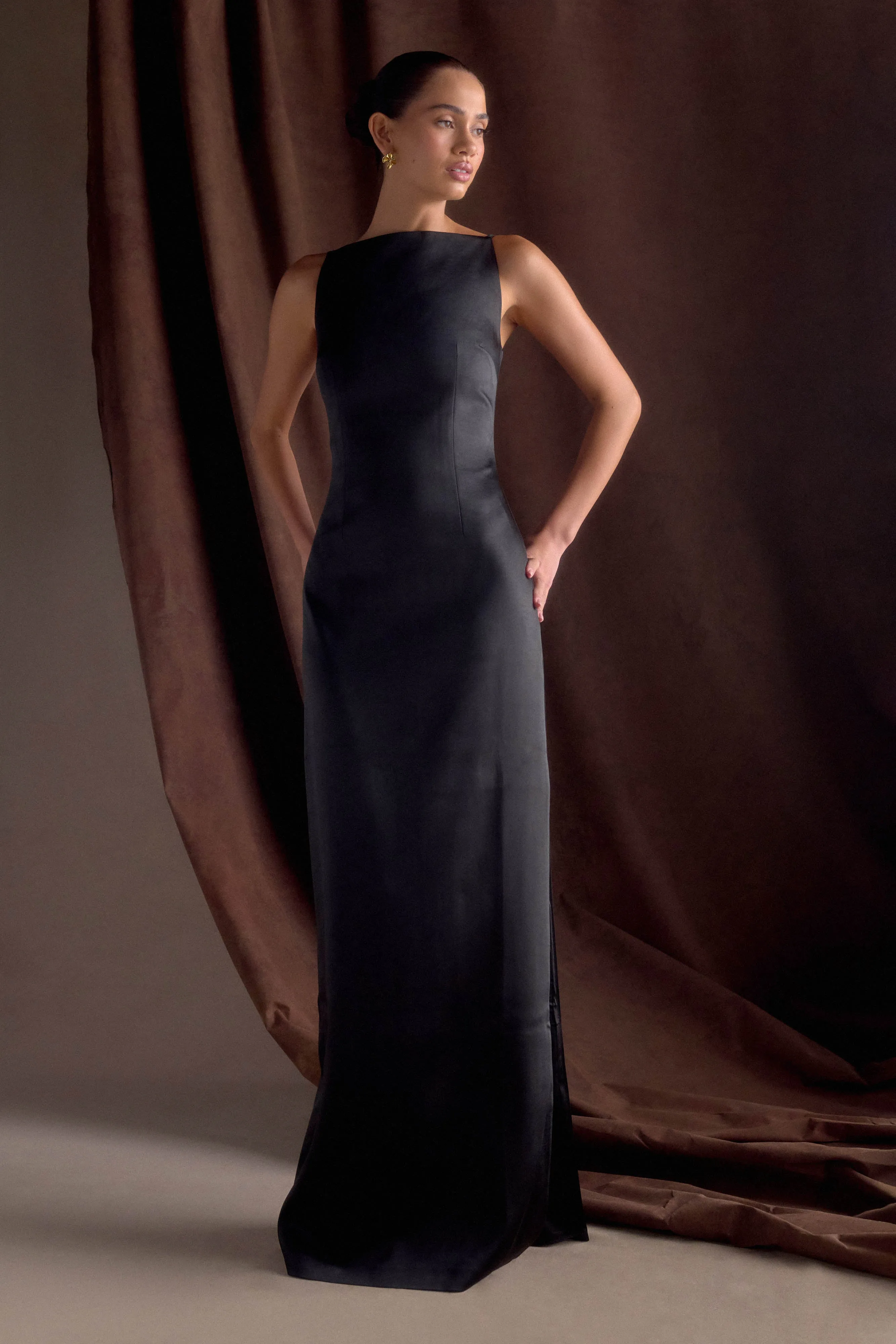 Violet Sleeveless Satin Maxi Dress - Black