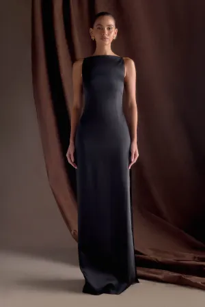 Violet Sleeveless Satin Maxi Dress - Black