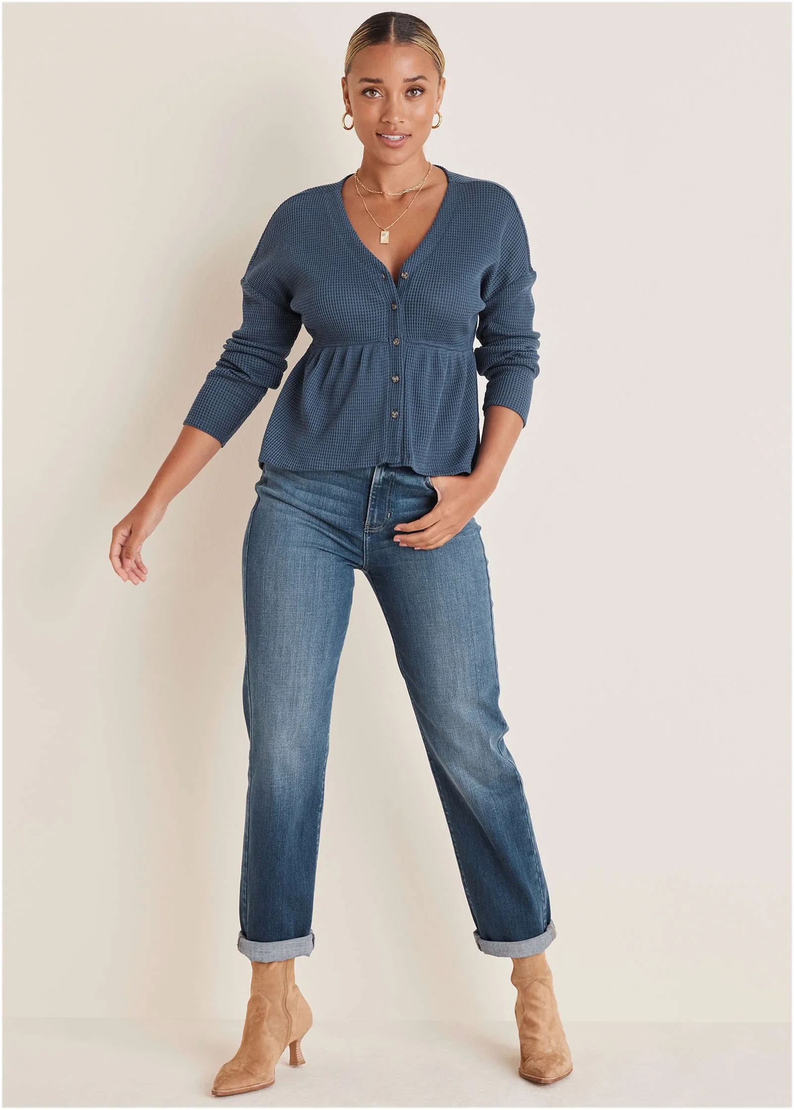 Waffle Babydoll Henley - Vintage Indigo