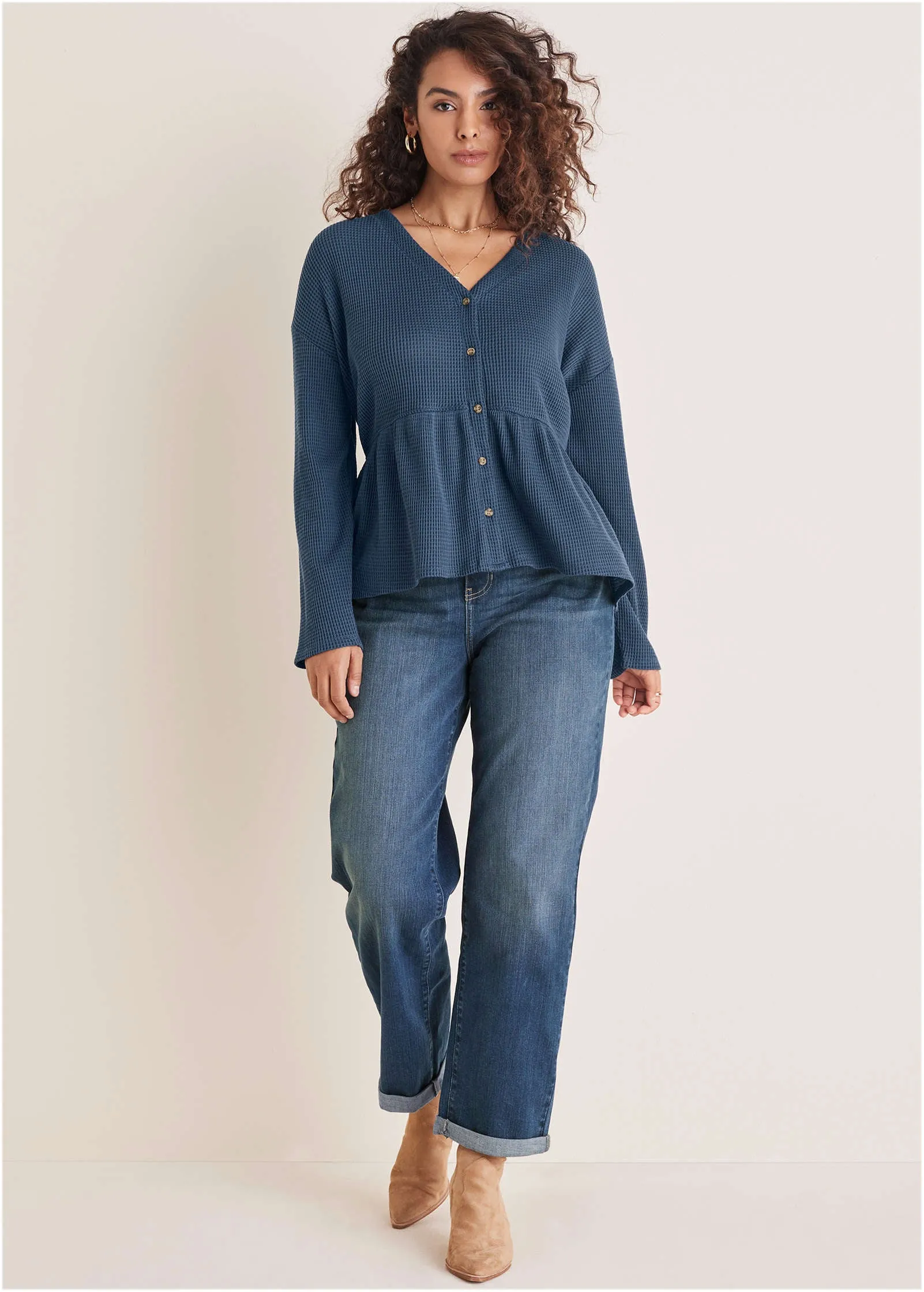 Waffle Babydoll Henley - Vintage Indigo