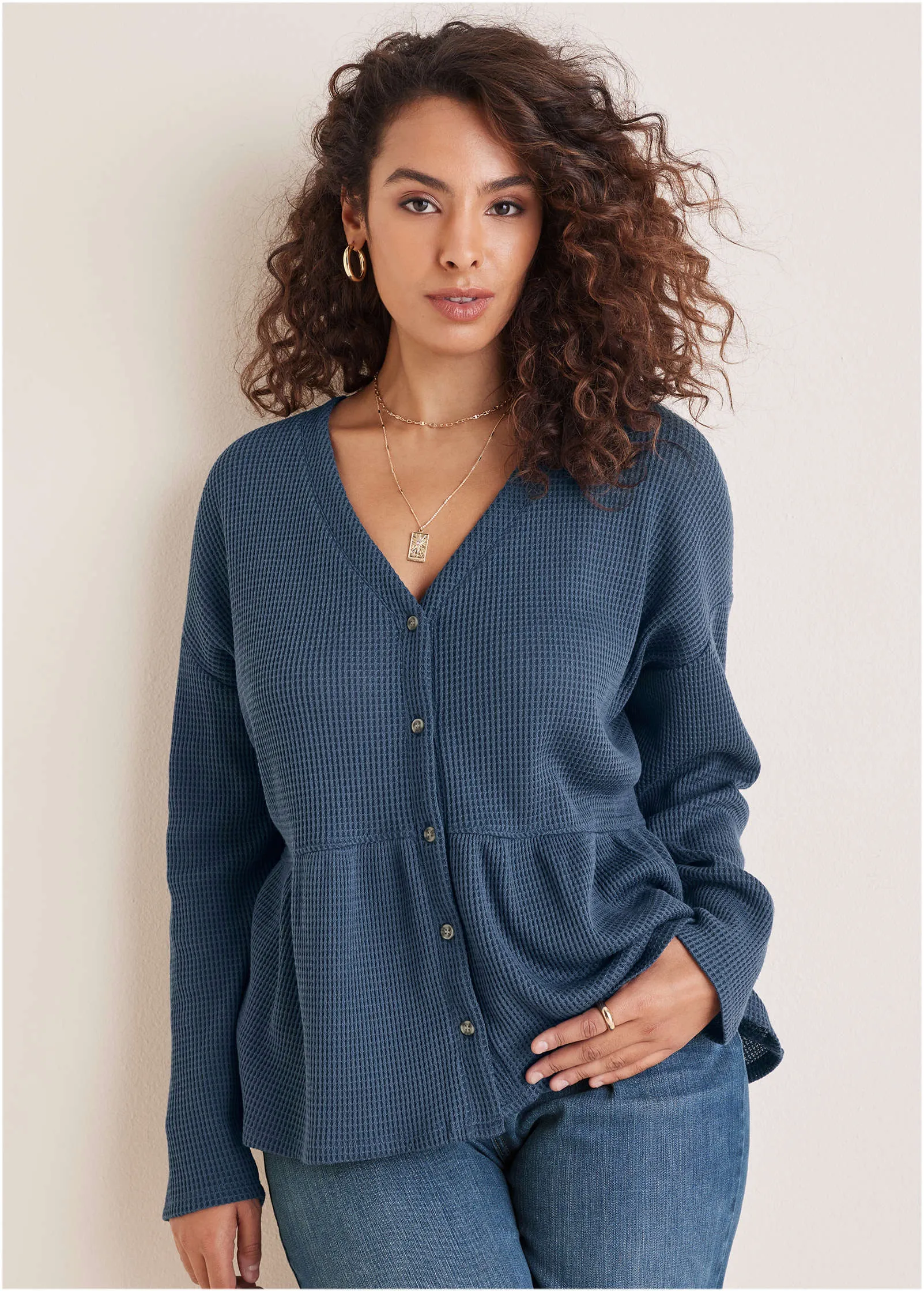 Waffle Babydoll Henley - Vintage Indigo