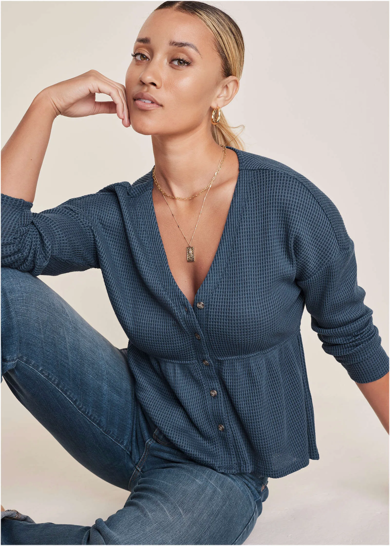 Waffle Babydoll Henley - Vintage Indigo