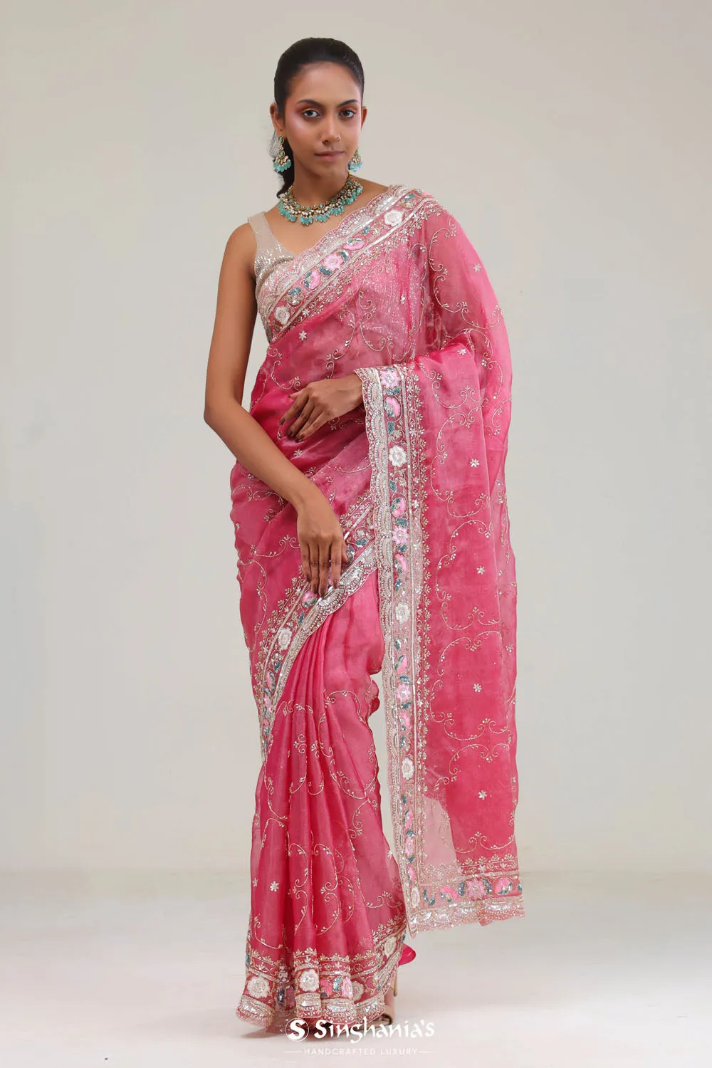 Watermelon Pink Crafted Jaali Tissue Saree