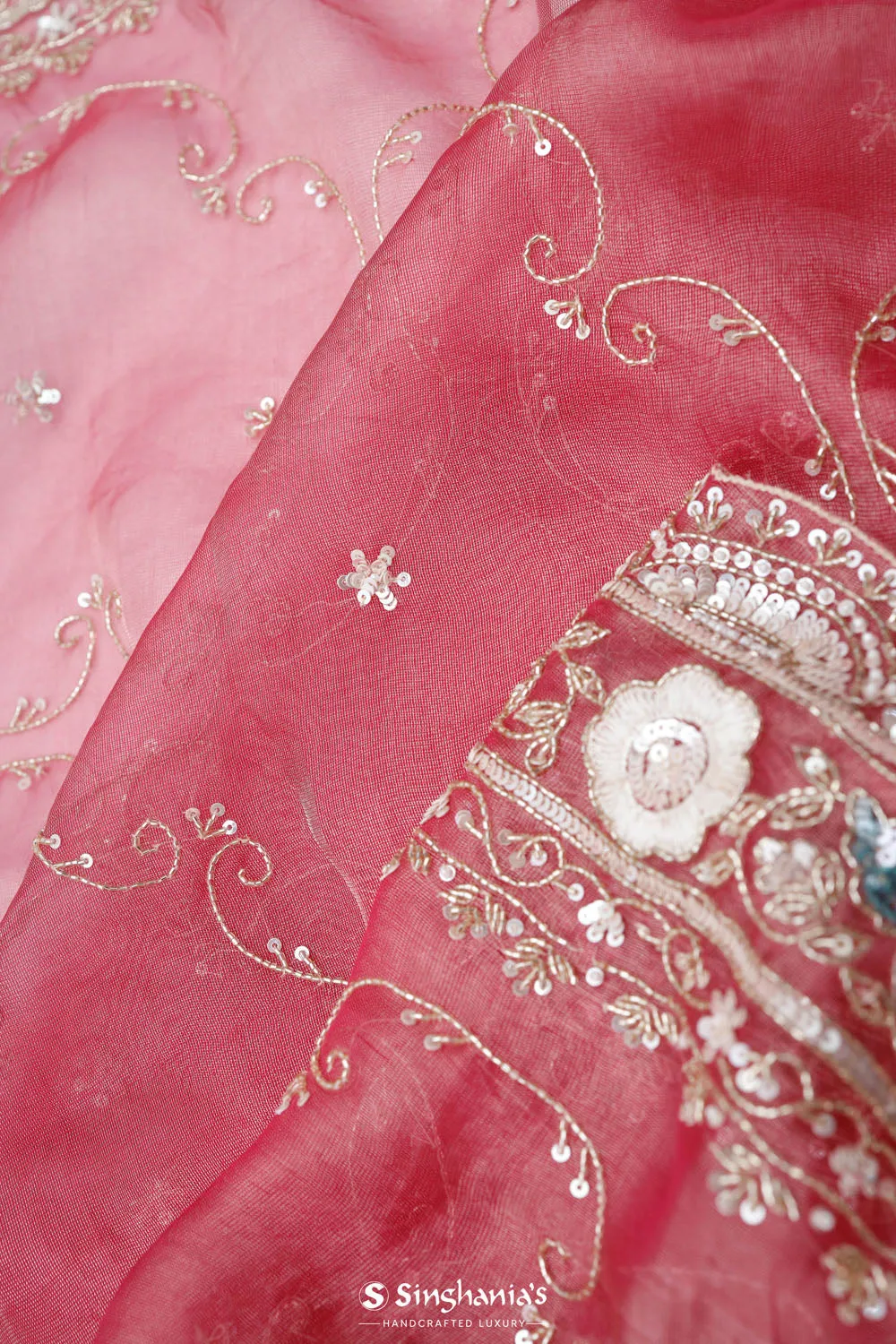 Watermelon Pink Crafted Jaali Tissue Saree