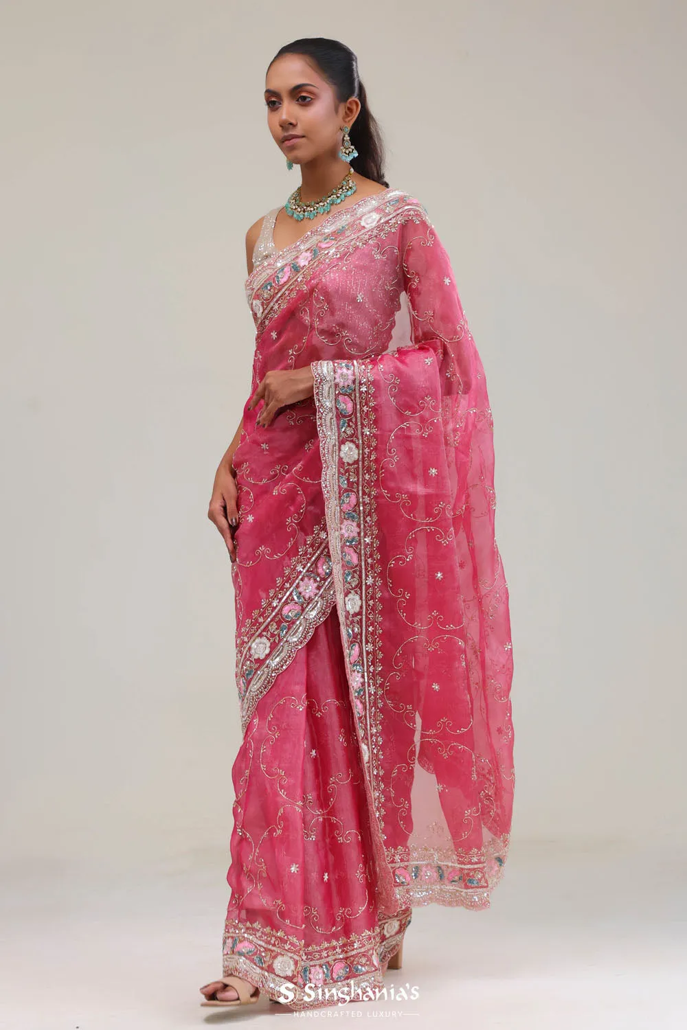 Watermelon Pink Crafted Jaali Tissue Saree
