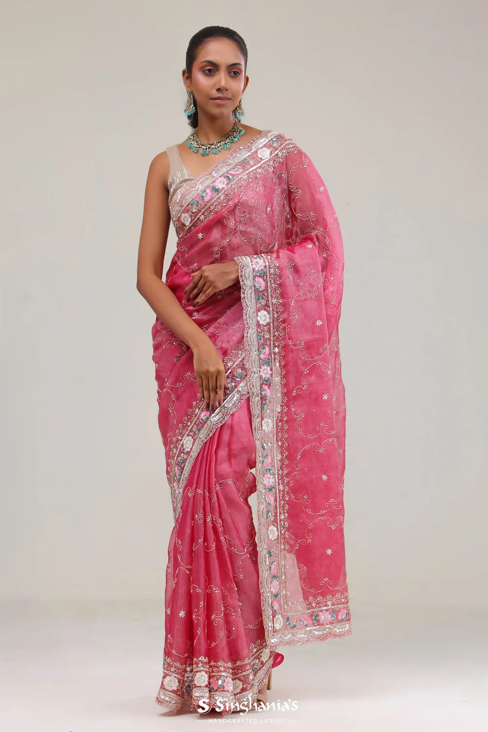 Watermelon Pink Crafted Jaali Tissue Saree