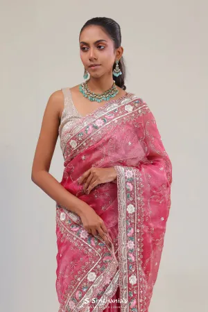 Watermelon Pink Crafted Jaali Tissue Saree