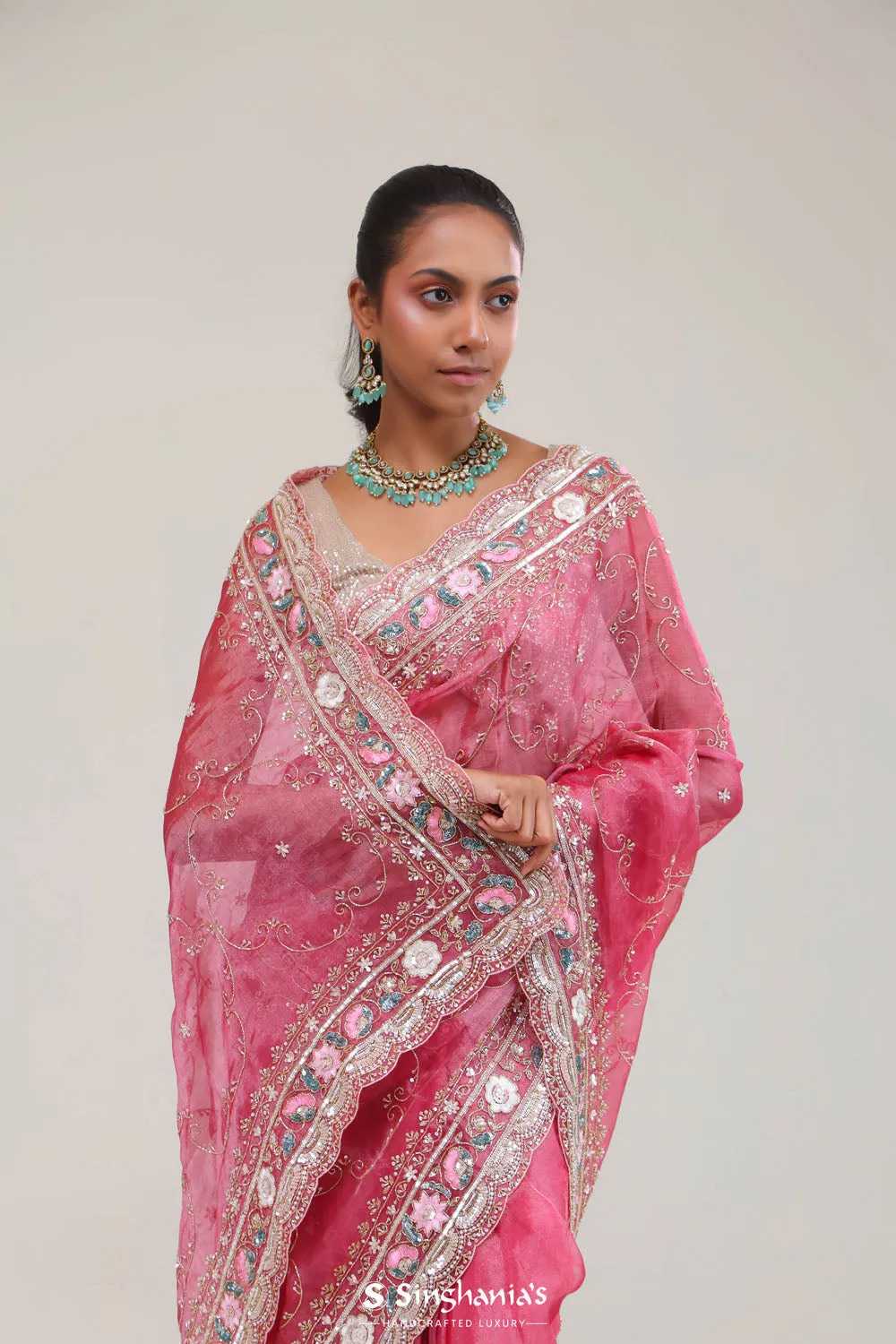 Watermelon Pink Crafted Jaali Tissue Saree