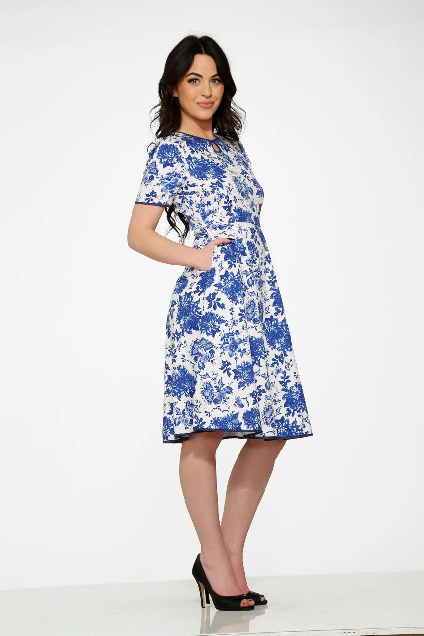 White & Blue China doll Swing Dress