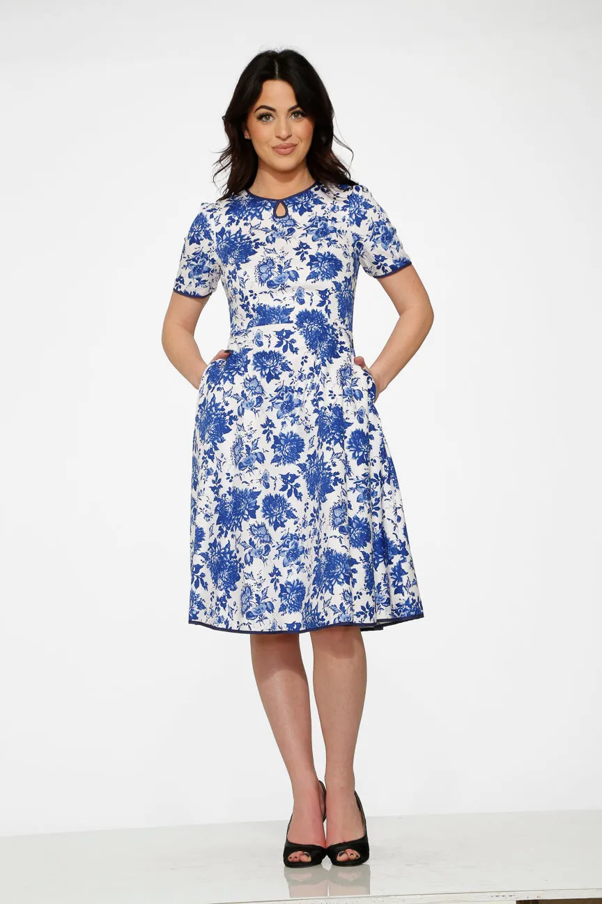 White & Blue China doll Swing Dress