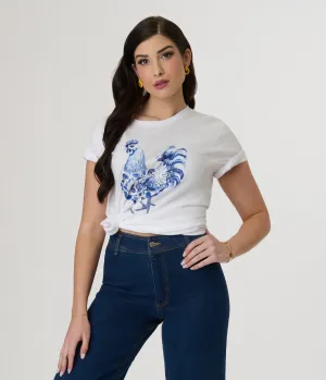 White & Blue Hen Floral Print Graphic Tee