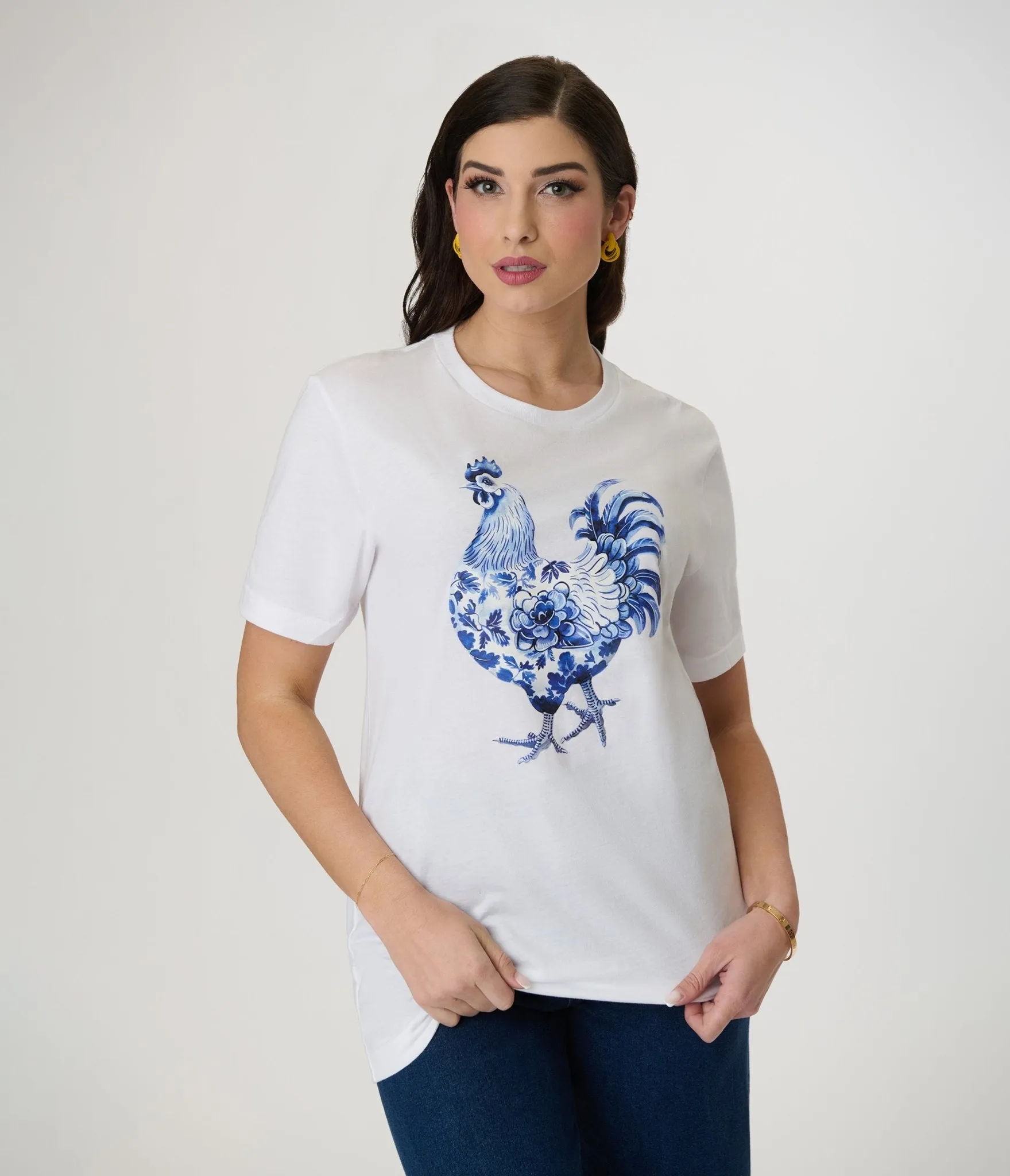 White & Blue Hen Floral Print Graphic Tee