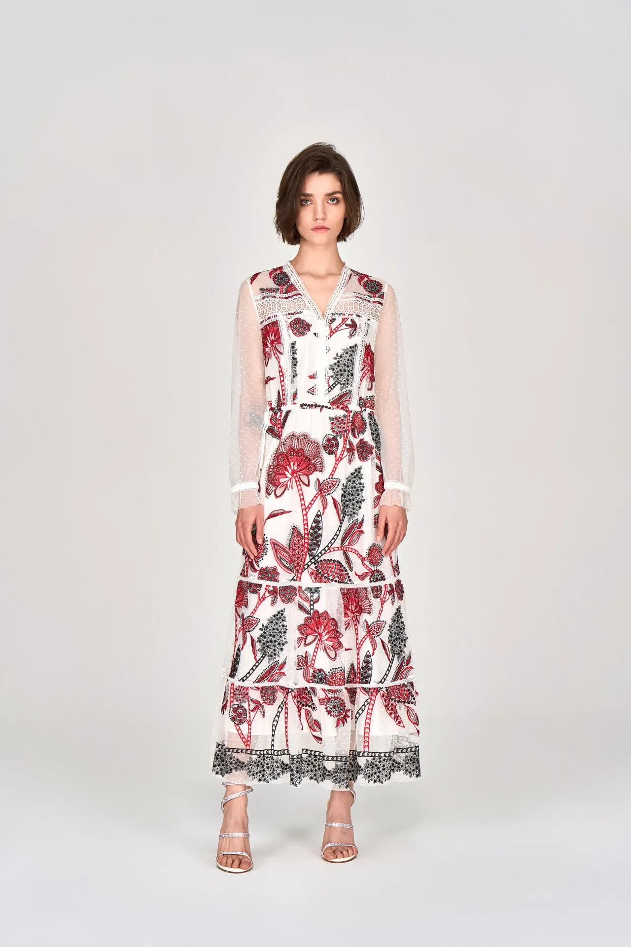 White Embroidered Tie-waist Maxi Dress