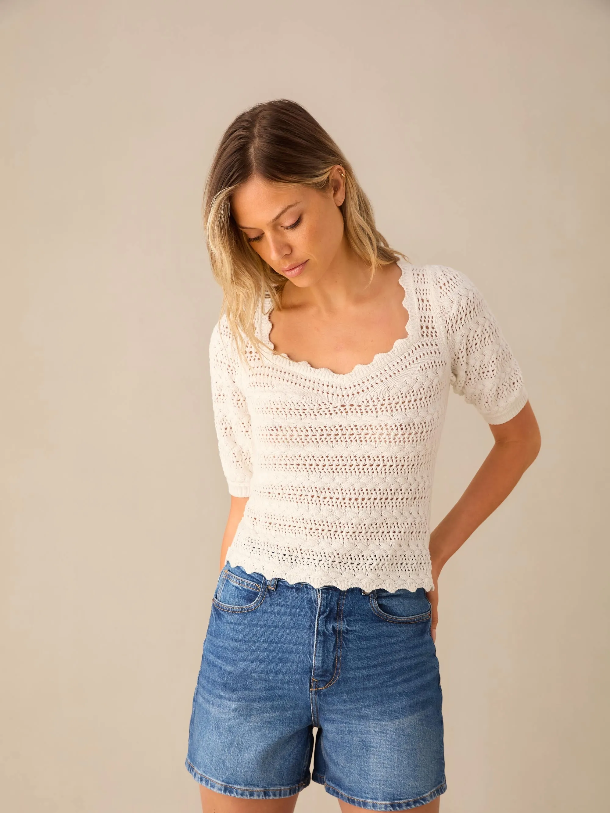 White Open-Knit Top
