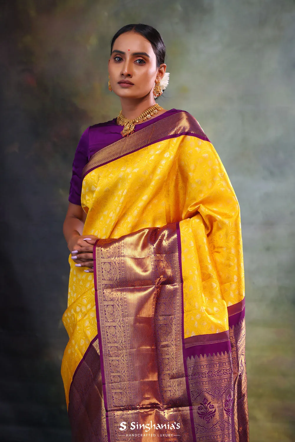Yellow Gold Jaali Kanjivaram Silk Saree